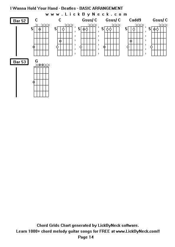 Chord Grids Chart of chord melody fingerstyle guitar song-I Wanna Hold Your Hand - Beatles - BASIC ARRANGEMENT,generated by LickByNeck software.